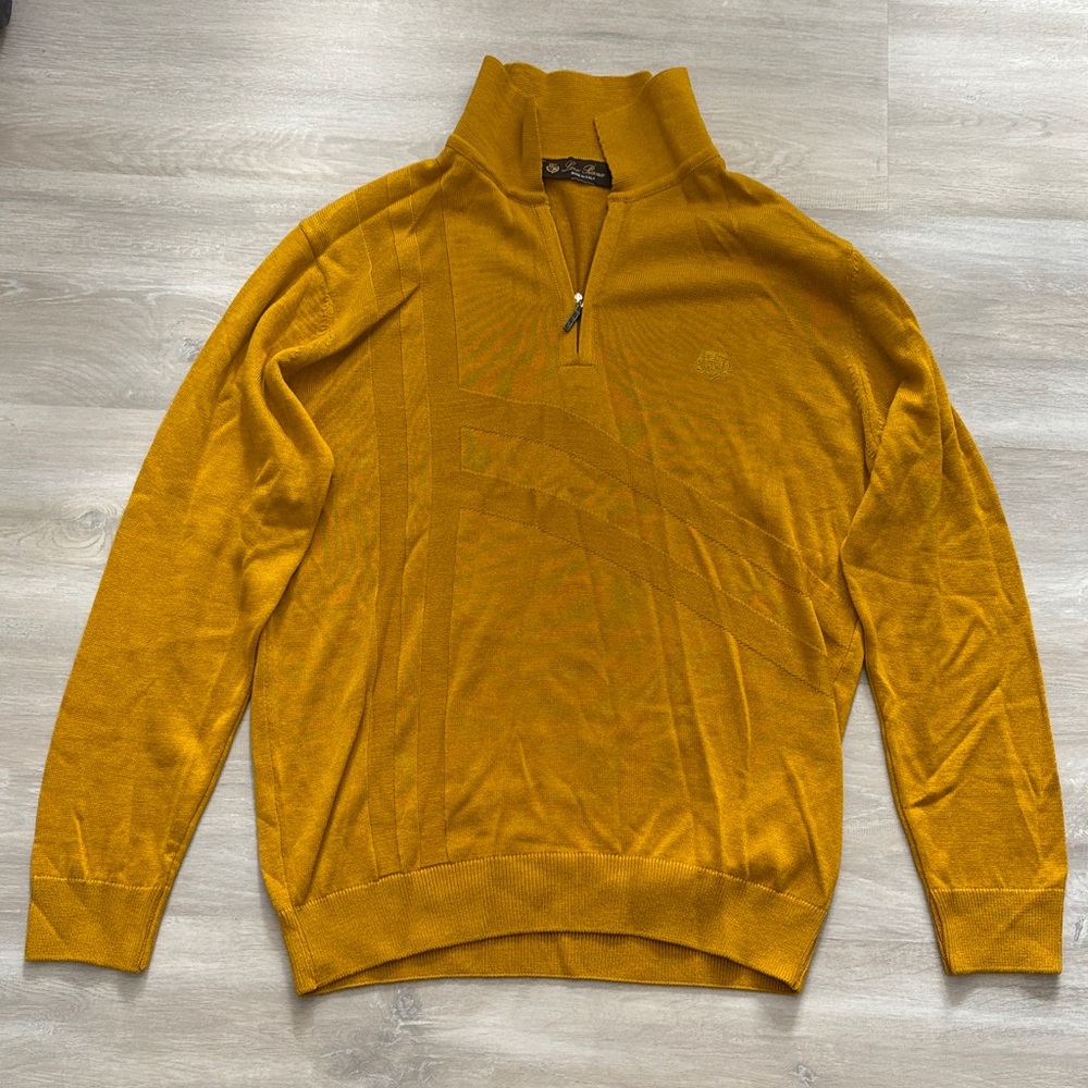 Loro Piana Men's Golden Zip-Up Sweater Silk? Cotton? Missing material tag L Slim